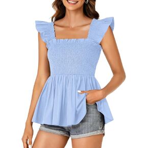 LYANER Women's Square Neck Ruffle Cap Sleeve Smocked Peplum Top Babydoll Shirred Blouse Cami Tank
