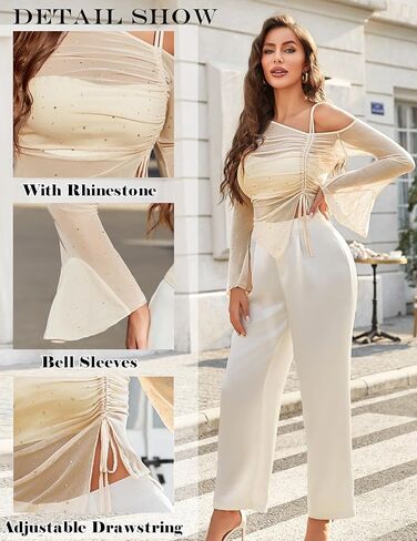 Avidlove Women Mesh Top Long Sleeve Rhinestone Tops قبالة الكتف جرس الأكمام بلوزة Shirt Shirt S-XXL in Kuwait