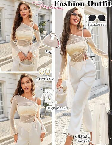 Avidlove Women Mesh Top Long Sleeve Rhinestone Tops قبالة الكتف جرس الأكمام بلوزة Shirt Shirt S-XXL in Kuwait