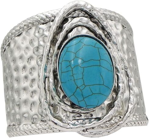 Rosemarie & Jubalee Women's Cowgirl Glam Western Semi Precious Turquoise Howlite Stone Hammered Silver Tone Extra Wide Statement Open Cuff Bracelet, 8" in Saudi Arabia
