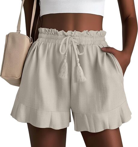 شورتات الكتان غير الرسمية للسيدات في Huukeay Cotton Cotton High Weist Cermstring Trim Summer Lightweight Flowy Withing مع جيوب in Kuwait