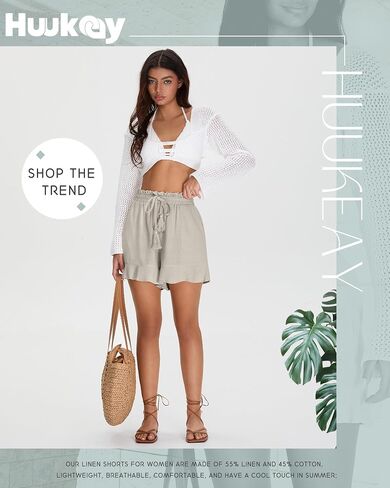شورتات الكتان غير الرسمية للسيدات في Huukeay Cotton Cotton High Weist Cermstring Trim Summer Lightweight Flowy Withing مع جيوب in Kuwait
