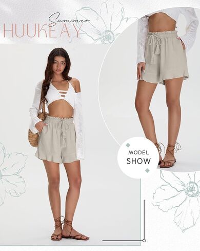 شورتات الكتان غير الرسمية للسيدات في Huukeay Cotton Cotton High Weist Cermstring Trim Summer Lightweight Flowy Withing مع جيوب in Kuwait