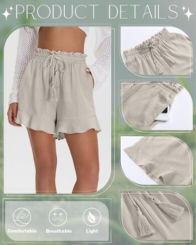 شورتات الكتان غير الرسمية للسيدات في Huukeay Cotton Cotton High Weist Cermstring Trim Summer Lightweight Flowy Withing مع جيوب in Kuwait