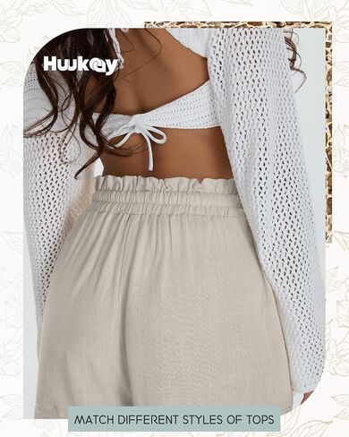 شورتات الكتان غير الرسمية للسيدات في Huukeay Cotton Cotton High Weist Cermstring Trim Summer Lightweight Flowy Withing مع جيوب in Kuwait