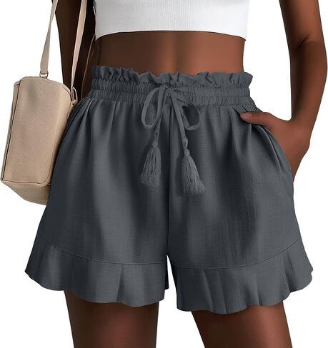 شورتات الكتان غير الرسمية للسيدات في Huukeay Cotton Cotton High Weist Cermstring Trim Summer Lightweight Flowy Withing مع جيوب in Kuwait