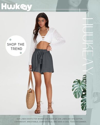 شورتات الكتان غير الرسمية للسيدات في Huukeay Cotton Cotton High Weist Cermstring Trim Summer Lightweight Flowy Withing مع جيوب in Kuwait