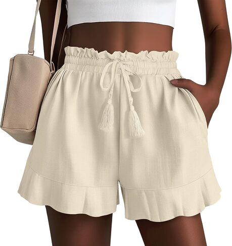 شورتات الكتان غير الرسمية للسيدات في Huukeay Cotton Cotton High Weist Cermstring Trim Summer Lightweight Flowy Withing مع جيوب in Saudi Arabia
