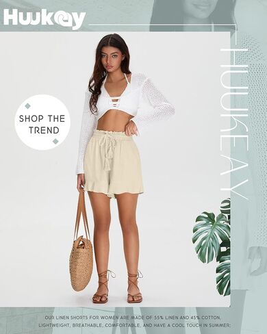 شورتات الكتان غير الرسمية للسيدات في Huukeay Cotton Cotton High Weist Cermstring Trim Summer Lightweight Flowy Withing مع جيوب in Saudi Arabia