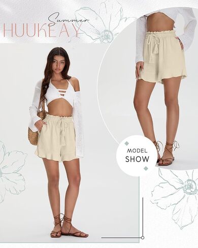 شورتات الكتان غير الرسمية للسيدات في Huukeay Cotton Cotton High Weist Cermstring Trim Summer Lightweight Flowy Withing مع جيوب in Saudi Arabia