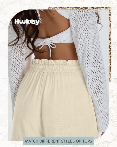 شورتات الكتان غير الرسمية للسيدات في Huukeay Cotton Cotton High Weist Cermstring Trim Summer Lightweight Flowy Withing مع جيوب in Saudi Arabia
