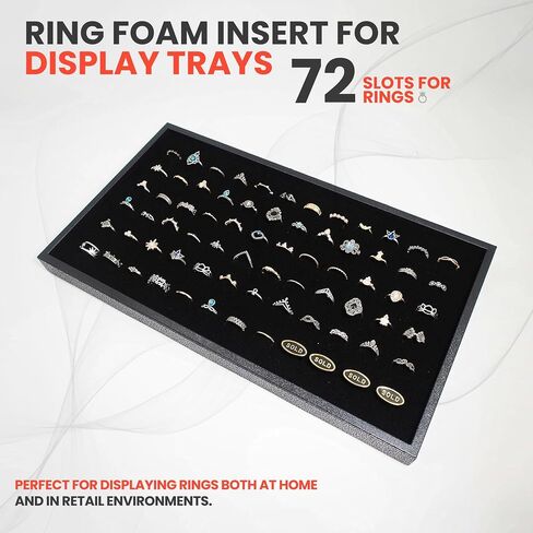 Novel Box Black Ring Display 72-Slots Foam 14.25x7.62x0.62 Inches - Ring Storage Foam to Hold Small & Large Rings/Cufflink - Fits in Glass Top Box for Better Display in Saudi Arabia