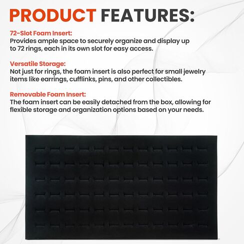 Novel Box Black Ring Display 72-Slots Foam 14.25x7.62x0.62 Inches - Ring Storage Foam to Hold Small & Large Rings/Cufflink - Fits in Glass Top Box for Better Display in Saudi Arabia