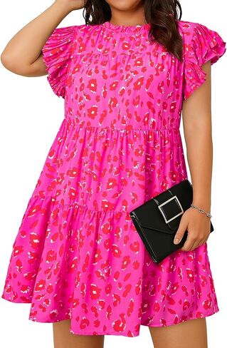 Eytino Womens Plus Size Dress Leopard Printed Crewneck Ruffle Sleeve Flowy Mini Dresses(1X-5X) in Saudi Arabia