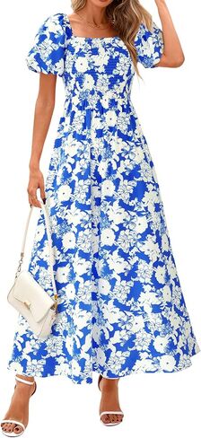 BTFBM Womens Summer 2025 Disual Maxi Dresses Short Sleeve Sheded Tiered Floral Boho Long Beach Dress مع جيوب in Kuwait