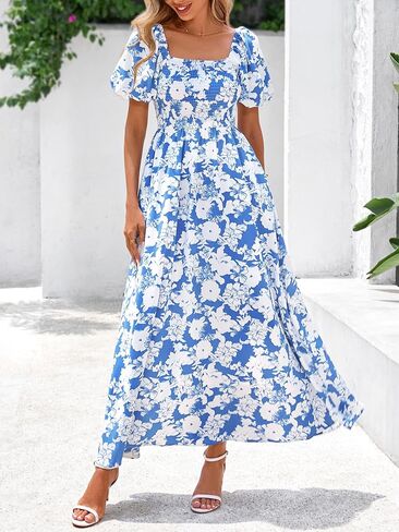 BTFBM Womens Summer 2025 Disual Maxi Dresses Short Sleeve Sheded Tiered Floral Boho Long Beach Dress مع جيوب in Kuwait