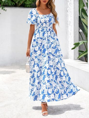 BTFBM Womens Summer 2025 Disual Maxi Dresses Short Sleeve Sheded Tiered Floral Boho Long Beach Dress مع جيوب in Kuwait
