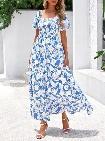 BTFBM Womens Summer 2025 Disual Maxi Dresses Short Sleeve Sheded Tiered Floral Boho Long Beach Dress مع جيوب in Kuwait