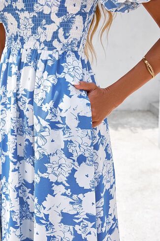 BTFBM Womens Summer 2025 Disual Maxi Dresses Short Sleeve Sheded Tiered Floral Boho Long Beach Dress مع جيوب in Kuwait