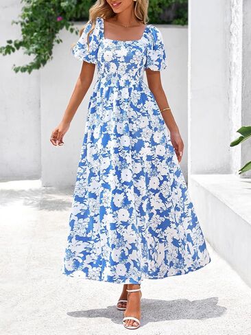 BTFBM Womens Summer 2025 Disual Maxi Dresses Short Sleeve Sheded Tiered Floral Boho Long Beach Dress مع جيوب in Kuwait
