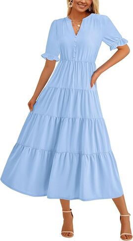 PRETTYGARDEN Women's Summer Casual Short Sleeve V Neck Midi Dresses 2025 Spring A-line Tiered Wedding Guest Dress in Saudi Arabia
