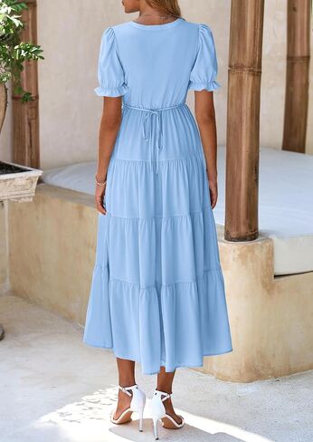 PRETTYGARDEN Women's Summer Casual Short Sleeve V Neck Midi Dresses 2025 Spring A-line Tiered Wedding Guest Dress in Saudi Arabia