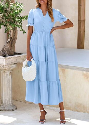 PRETTYGARDEN Women's Summer Casual Short Sleeve V Neck Midi Dresses 2025 Spring A-line Tiered Wedding Guest Dress in Saudi Arabia