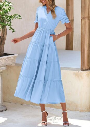 PRETTYGARDEN Women's Summer Casual Short Sleeve V Neck Midi Dresses 2025 Spring A-line Tiered Wedding Guest Dress in Saudi Arabia