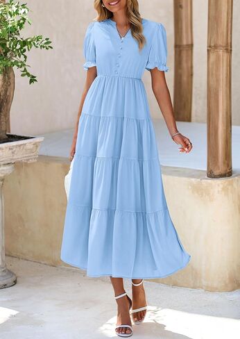 PRETTYGARDEN Women's Summer Casual Short Sleeve V Neck Midi Dresses 2025 Spring A-line Tiered Wedding Guest Dress in Saudi Arabia