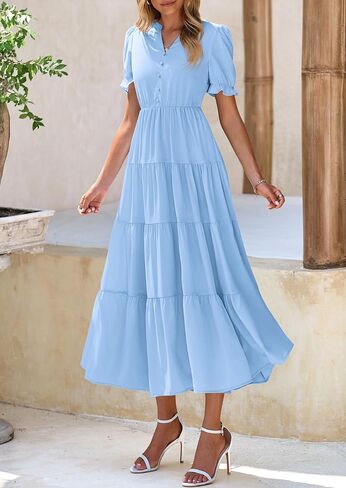 PRETTYGARDEN Women's Summer Casual Short Sleeve V Neck Midi Dresses 2025 Spring A-line Tiered Wedding Guest Dress in Saudi Arabia