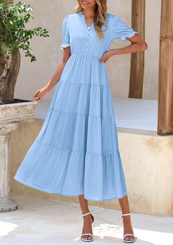 PRETTYGARDEN Women's Summer Casual Short Sleeve V Neck Midi Dresses 2025 Spring A-line Tiered Wedding Guest Dress in Saudi Arabia