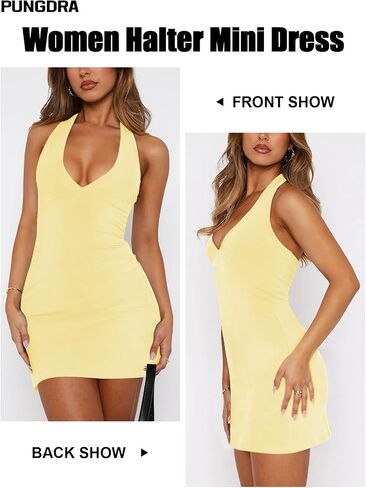 Women's Sexy Halter V Neck Mini Dress for Women Summer Slim Fit Going Out Club Party Bodycon Short Dresses in Kuwait