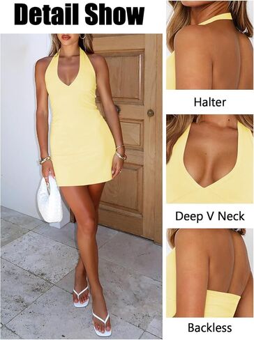 Women's Sexy Halter V Neck Mini Dress for Women Summer Slim Fit Going Out Club Party Bodycon Short Dresses in Kuwait