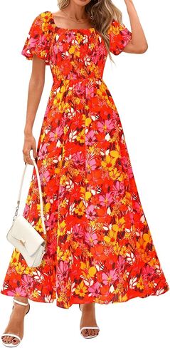 BTFBM Womens Summer 2025 Disual Maxi Dresses Short Sleeve Sheded Tiered Floral Boho Long Beach Dress مع جيوب in Kuwait