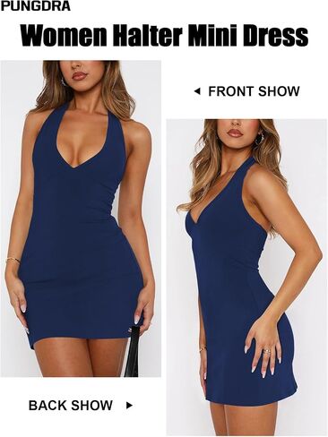 Women's Sexy Halter V Neck Mini Dress for Women Summer Slim Fit Going Out Club Party Bodycon Short Dresses in Kuwait