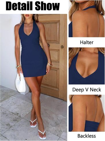 Women's Sexy Halter V Neck Mini Dress for Women Summer Slim Fit Going Out Club Party Bodycon Short Dresses in Kuwait