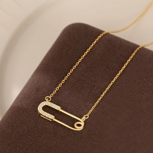Reffeer Solid 925 Sterling Silver Safety Pin قلادة للقلادة للنساء المراهقات الورق مقطع قلادة قلادة CZ قلادة دبوس in Saudi Arabia
