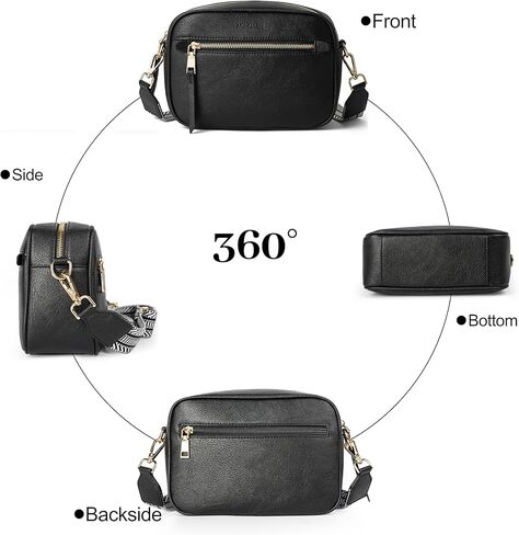 Small Crossbody Bag for Women Triple Pockets Vegan Leather Shoulder Camera Purse with Long Guitar Strap in Kuwait