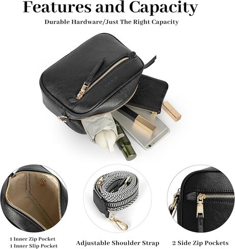Small Crossbody Bag for Women Triple Pockets Vegan Leather Shoulder Camera Purse with Long Guitar Strap in Kuwait