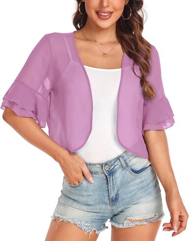 Women's Cardigan Bolero Shrug Ruffle Short Sleeve Open Front Loose Sheer Jackets for Tops in Kuwait