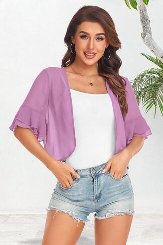 Women's Cardigan Bolero Shrug Ruffle Short Sleeve Open Front Loose Sheer Jackets for Tops in Kuwait