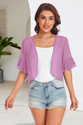 Women's Cardigan Bolero Shrug Ruffle Short Sleeve Open Front Loose Sheer Jackets for Tops in Kuwait