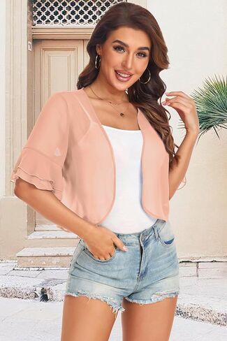 Women's Cardigan Bolero Shrug Ruffle Short Sleeve Open Front Loose Sheer Jackets for Tops in Kuwait