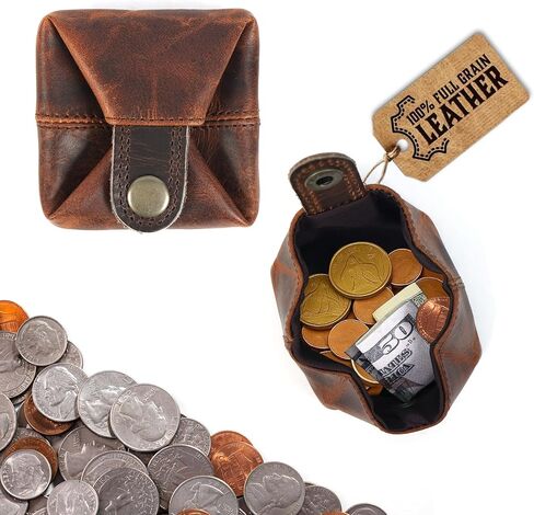 Leather Coin Pouch - Compact Change Holder and Mini Pocket Wallet for Men & Women (Brown) in Saudi Arabia