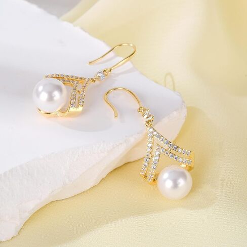 Pearl Earrings for Women, Dainty 14K Gold Plated/925 Sterling Silver Drop Pearls Dangle Earrings, Fashion Hypoallergenic Jewelry Gifts for Women in Saudi Arabia