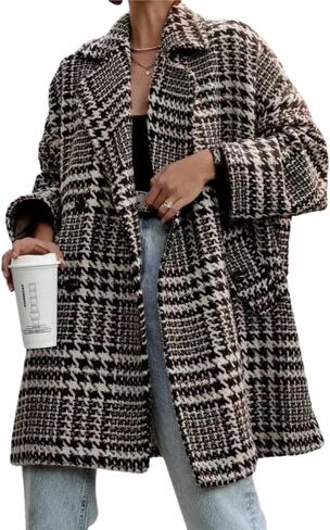 Women Winter Double Breasted Houndstooth Wool Coat Casual Loose Notch Lapel Plaid Long Trench Coat in Saudi Arabia
