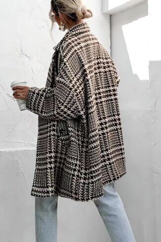 Women Winter Double Breasted Houndstooth Wool Coat Casual Loose Notch Lapel Plaid Long Trench Coat in Saudi Arabia