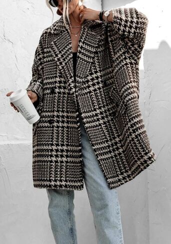 Women Winter Double Breasted Houndstooth Wool Coat Casual Loose Notch Lapel Plaid Long Trench Coat in Saudi Arabia