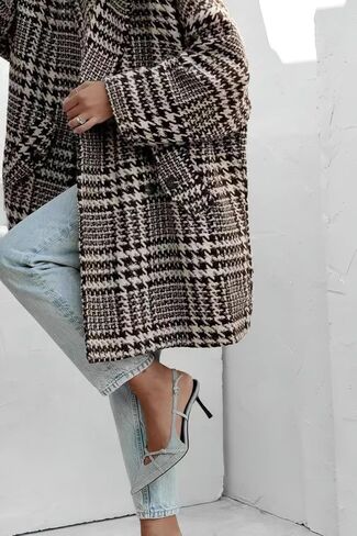 Women Winter Double Breasted Houndstooth Wool Coat Casual Loose Notch Lapel Plaid Long Trench Coat in Saudi Arabia