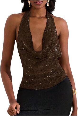 Makemechic Women Out Out Tops Sexy Deep v Cowl Neck Blackless requin Halter Top Top in Kuwait